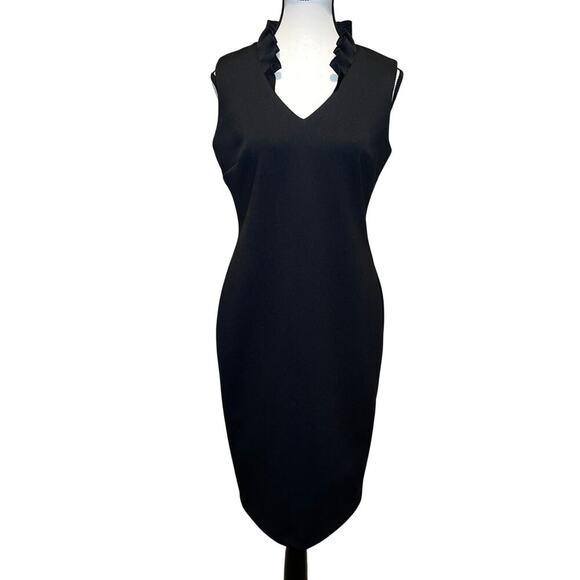 Calvin Klein Ruffle V -Neck Fitted Sheath Dress Cocktail Black Tie Size 6 - Picture 2 of 14